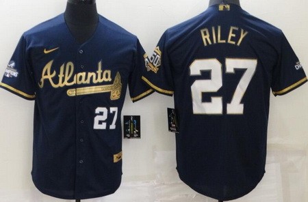 Men's Atlanta Braves #27 Austin Riley Navy Gold Champions Cool Base Jersey