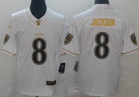 Men's Baltimore Ravens #8 Lamar Jackson Limited White Gold 100th Season Vapor Untouchable Jersey