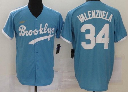 Men's Brooklyn Dodgers #34 Fernando Valenzuela Light Blue 2020 Cooperstown Collection Jersey