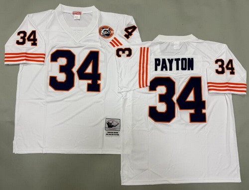 Men's Chicago Bears #34 Walter Payton White Bear Patch Throwback Jersey