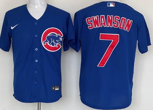 Men's Chicago Cubs #7 Dansby Swanson Blue Cool Base Jersey