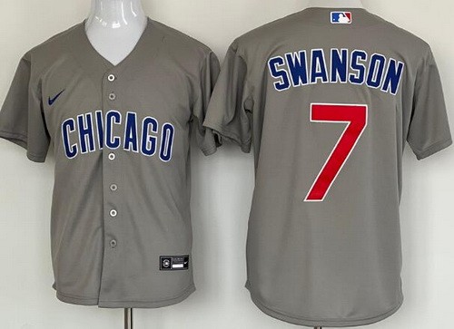 Men's Chicago Cubs #7 Dansby Swanson Gray Cool Base Jersey