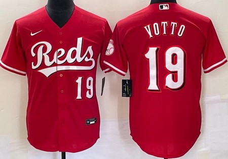 Men's Cincinnati Reds #19 Joey Votto Red Player Number Team Logo Cool Base Jersey