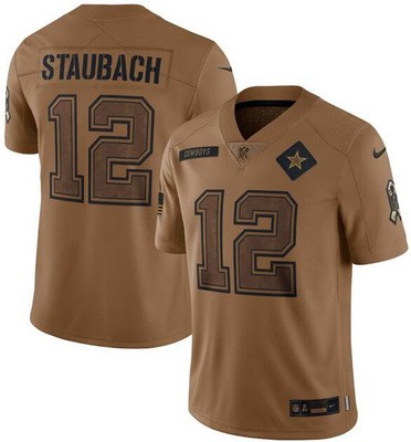 Men's Dallas Cowboys #12 Roger Staubach Limited Brown 2023 Salute To Service Jersey