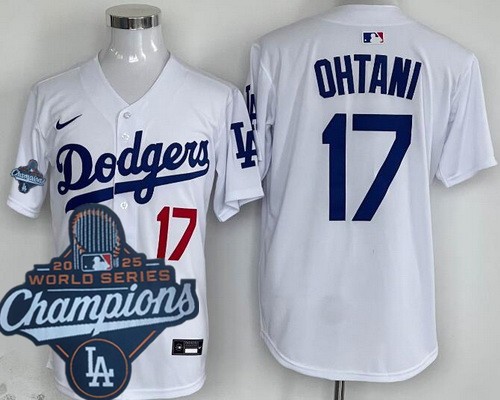 Men's Los Angeles Dodgers #17 Shohei Ohtani White 2025 World Series Champions Limited Jersey