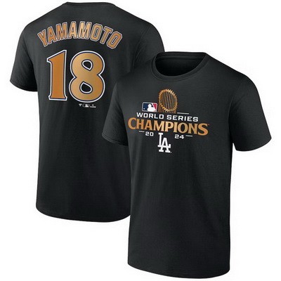 Men's Los Angeles Dodgers #18 Yoshinobu Yamamoto Black 2024 World Series Champions T Shirt