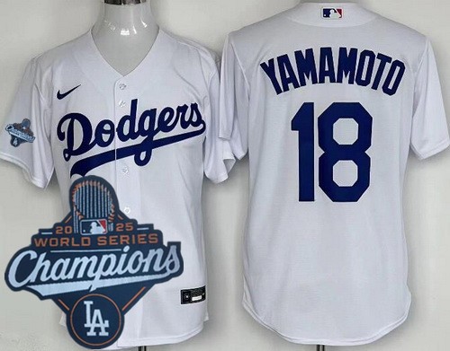 Men's Los Angeles Dodgers #18 Yoshinobu Yamamoto White 2025 World Series Champions Cool Base Jersey