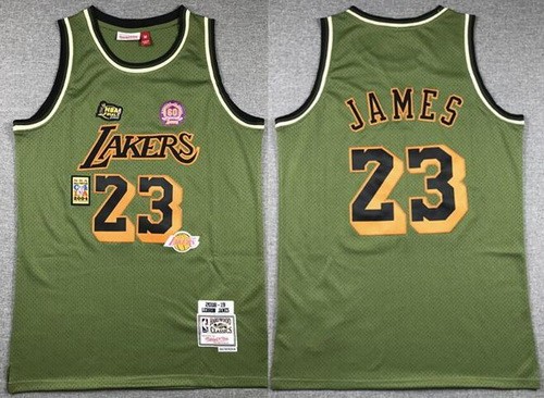 Men's Los Angeles Lakers #23 LeBron James Olive Military Flight 2018 Throwback Swingman Jersey