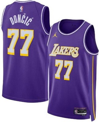Men's Los Angeles Lakers #77 Luka Doncic Purple 2025 Statement Heat Press Jersey