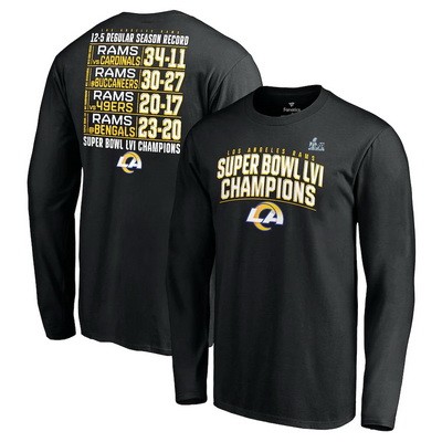 Men's Los Angeles Rams Black Super Bowl LVI Champions Schedule Long Sleeves T-Shirt