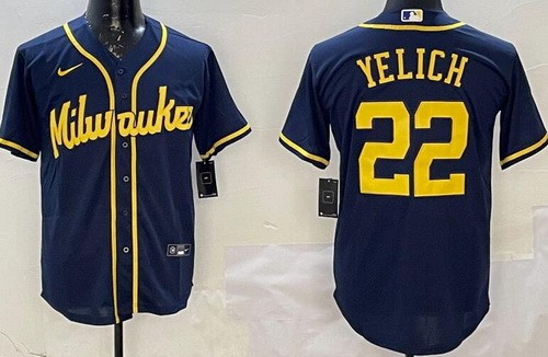 Men's Milwaukee Brewers #22 Christian Yelich Navy Cool Base Jersey