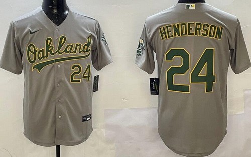 Men's Oakland Athletics #24 Rickey Henderson Gray Player Number Team Logo Cool Base Jersey