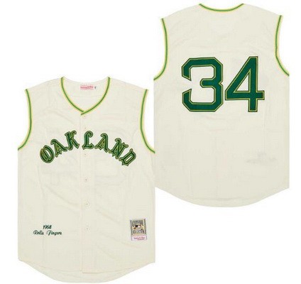 Men's Oakland Athletics #34 Rollie Fingers Cream 1968 Throwback Jersey