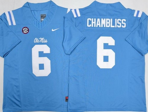Men's Ole Miss Rebels #6 Trinidad Chambliss Light Blue College Football Jersey