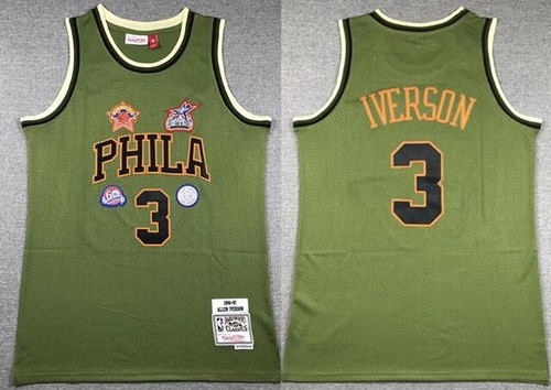 Men's Philadelphia 76ers #3 Allen Iverson Olive Military Flight 1996 Throwback Swingman Jersey