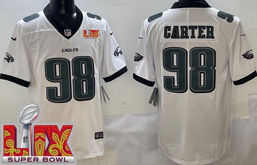 Men's Philadelphia Eagles #98 Jalen Carter Limited White Super Bowl LIX Vapor Jersey