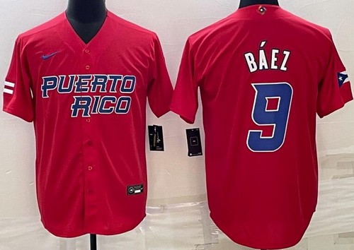 Men's Puerto Rico #9 Javier Baez Red 2023 World Baseball Classic Cool Base Jersey