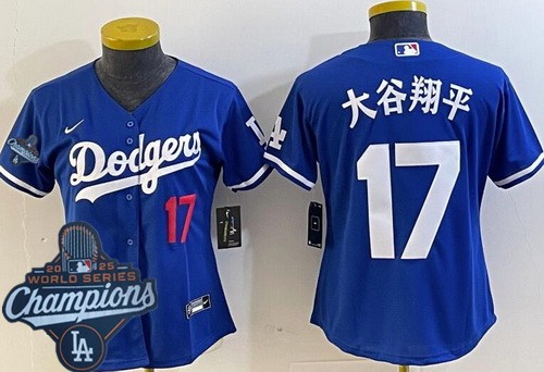 Women's Los Angeles Dodgers #17 Shohei Ohtani Blue Japanese 2025 World Series Champions Limited Jersey