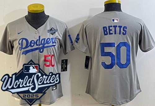 Women's Los Angeles Dodgers #50 Mookie Betts Gray 2025 World Series Limited Jersey