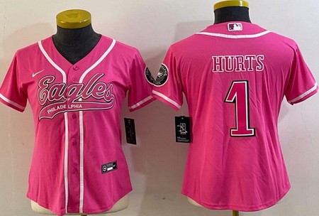 Women's Philadelphia Eagles #1 Jalen Hurts Limited Pink Baseball Jersey
