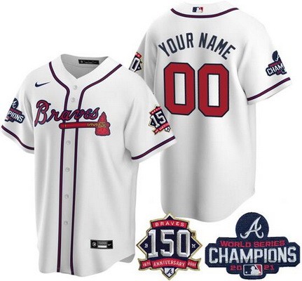 Youth Atlanta Braves Customized White 2021 World Series Champions 150th Anniversary Cool Base Jersey