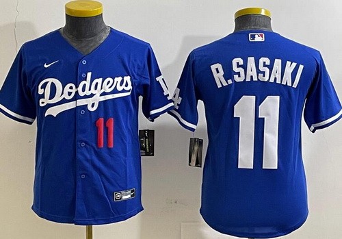 Youth Los Angeles Dodgers #11 Roki Sasaki Blue Player Number Team Logo Cool Base Jersey