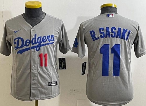 Youth Los Angeles Dodgers #11 Roki Sasaki Gray Player Number Team Logo Cool Base Jersey