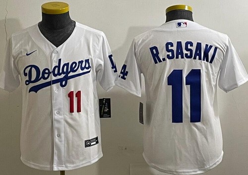 Youth Los Angeles Dodgers #11 Roki Sasaki White Player Number Team Logo Cool Base Jersey