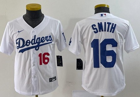 Youth Los Angeles Dodgers #16 Will Smith White Team Logo Player Number Cool Base Jersey