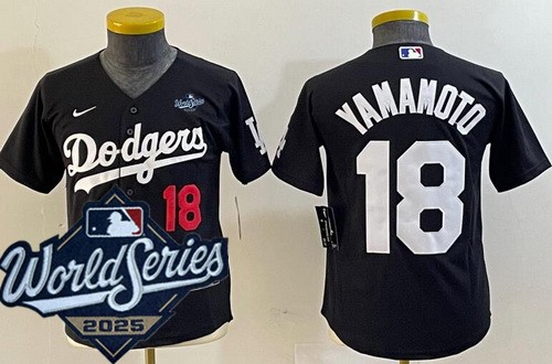 Youth Los Angeles Dodgers #18 Yoshinobu Yamamoto Black 2025 World Series Limited Jersey
