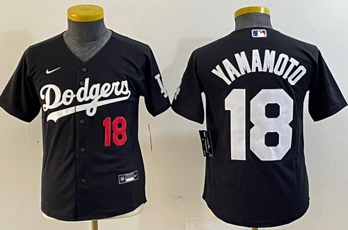 Youth Los Angeles Dodgers #18 Yoshinobu Yamamoto Black Player Number Cool Base Jersey