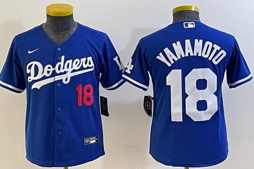 Youth Los Angeles Dodgers #18 Yoshinobu Yamamoto Blue Player Number Team Logo Cool Base Jersey