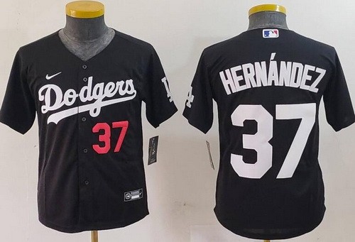Youth Los Angeles Dodgers #37 Teoscar Hernandez Black Player Numbe Team Logo Cool Base Jersey