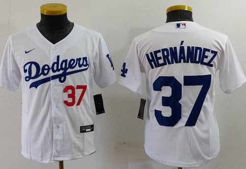 Youth Los Angeles Dodgers #37 Teoscar Hernandez White Player Numbe Team Logo Cool Base Jersey