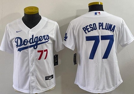 Youth Los Angeles Dodgers #77 Peso Pluma White Player Number Team Logo Cool Base Jersey