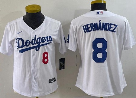 Youth Los Angeles Dodgers #8 Enrique Hernandez White Team Logo Player Number Cool Base Jersey