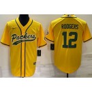 Men's Green Bay Packers #12 Aaron Rodgers Yellow Baseball Jersey
